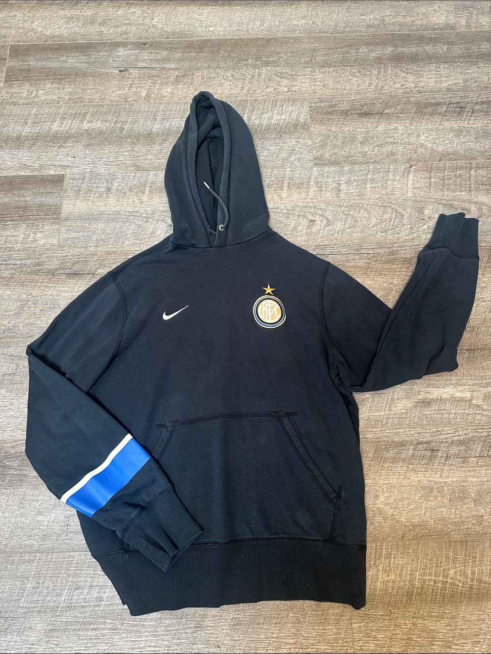 Vintage Nike Black Inter Milan Crest Pullover Hoodie with Blue Stripe Medium